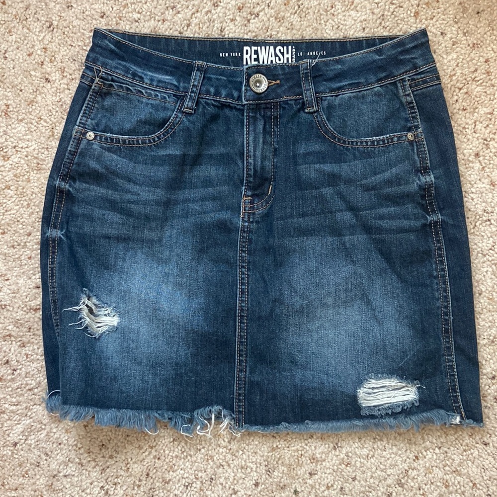 short blue Jean skirt with distress